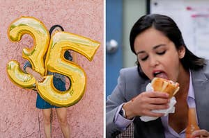 On the left, someone holding a 3 and a 5 balloon close to their body, and on the right, Amy from Brooklyn Nine-Nine eating a sandwich