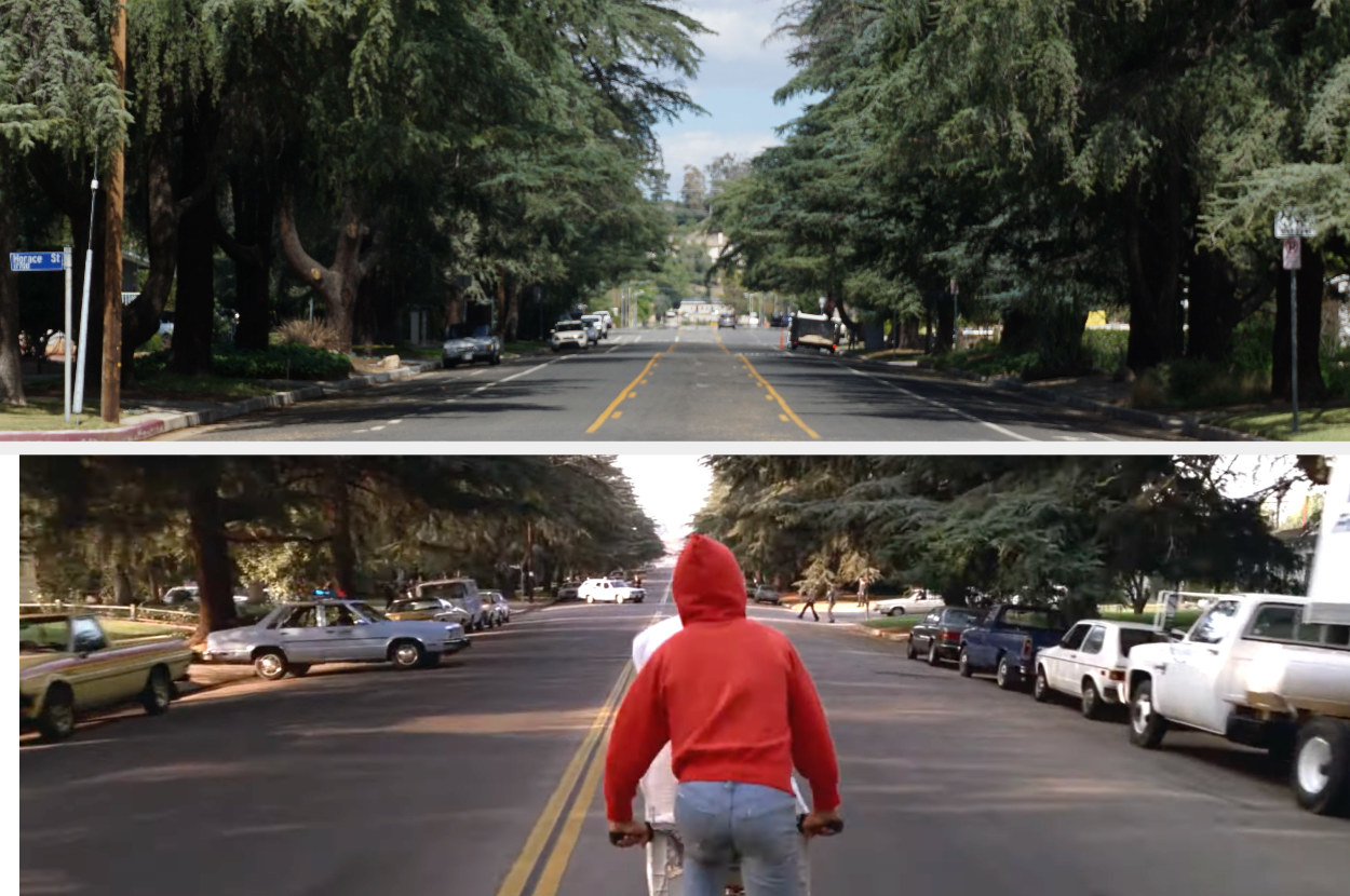 (Top) Main street lined with tall cedar trees (Bottom) Elliot flees from the FBI on his bike in &quot;E.T.&quot;