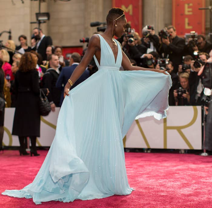 Nyong&#x27;o in her Oscars dress on the red carpet