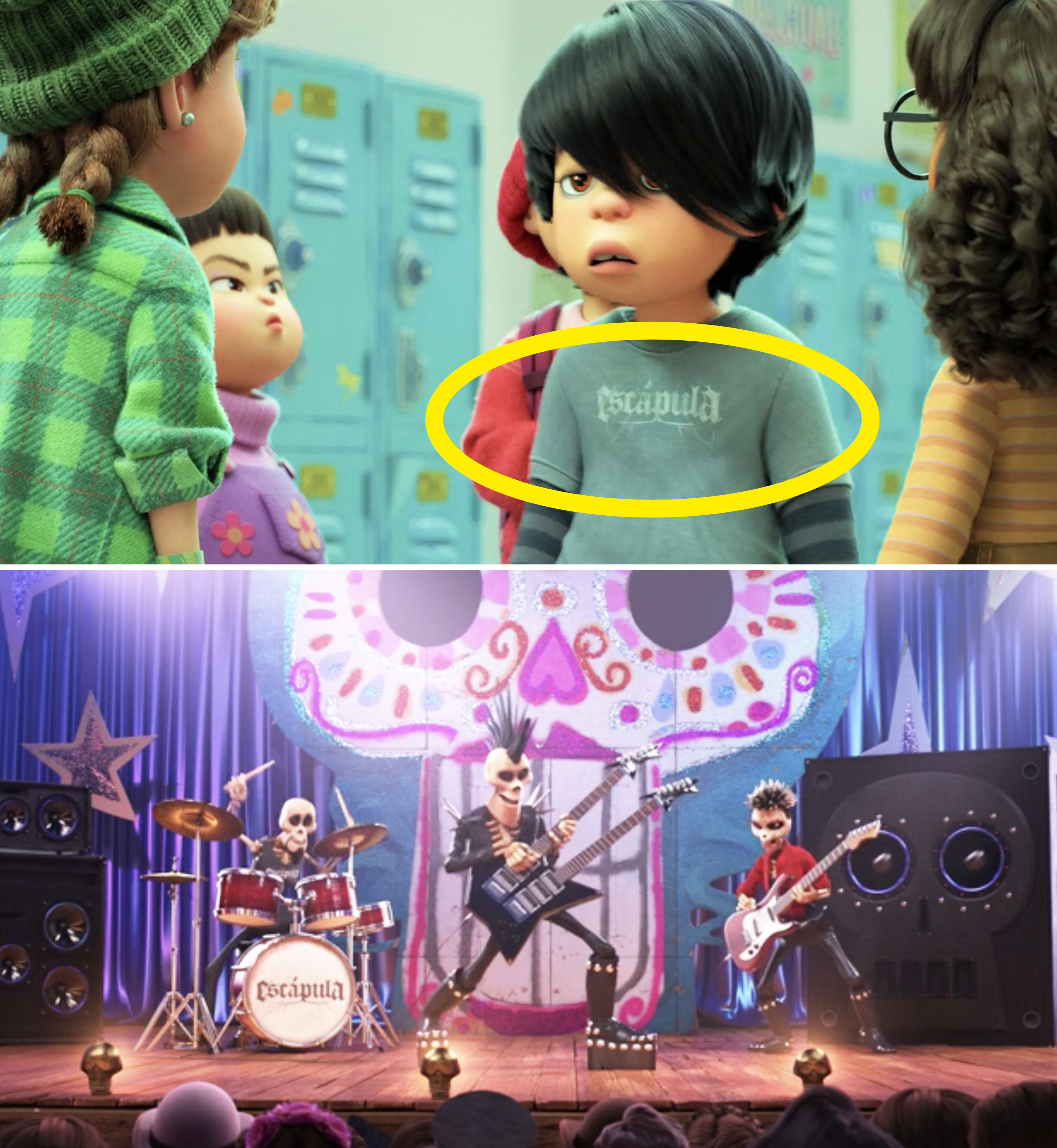 Escápula playing in a scene from Coco