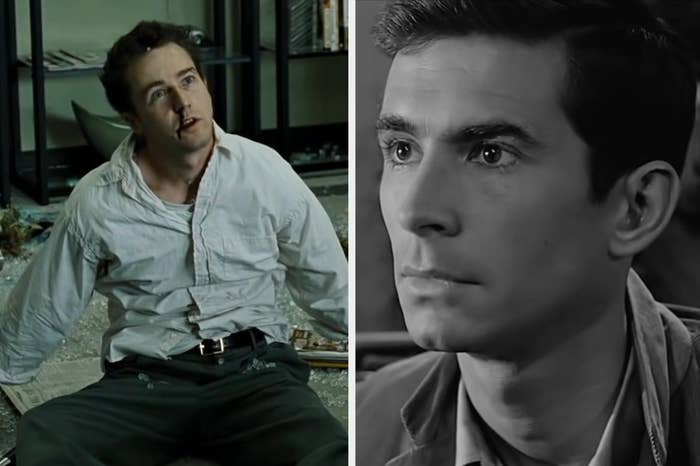 The Narrator after punching himself in his boss's office in "Fight Club"/Norman sitting in his office in "Psycho" (1960)
