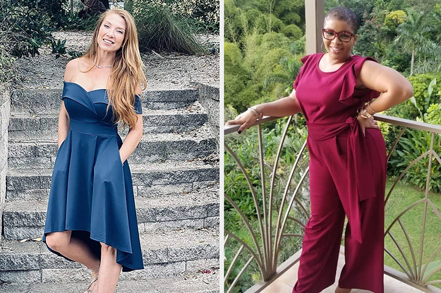 on left, reviewer in dark blue off-shoulder high-low cocktail dress. on right, reviewer in sleeveless red jumpsuit with tie-waist