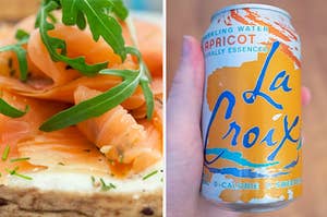 Smoked salmon is on a bagel on the left with La Croix on the right
