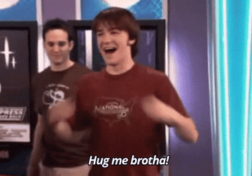 Drake and Josh dramatically saying, &quot;Hug me, brotha!&quot;