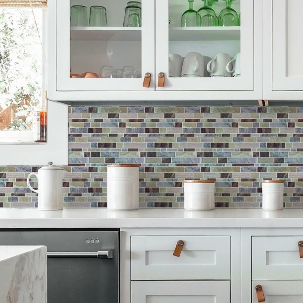 the colorful backsplash in a decorated kitchen
