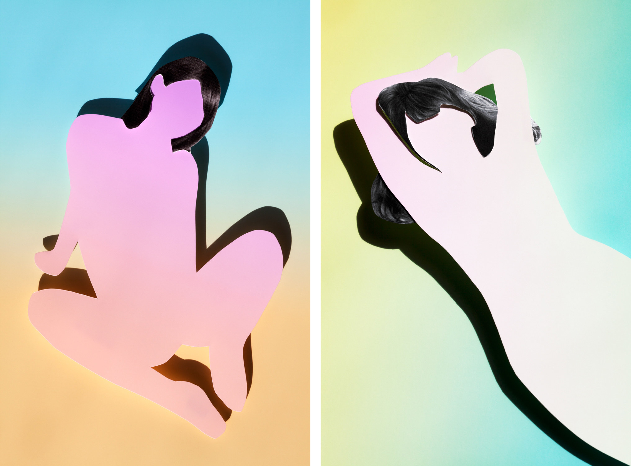 Colorful silhouettes and outlines of two naked women without faces