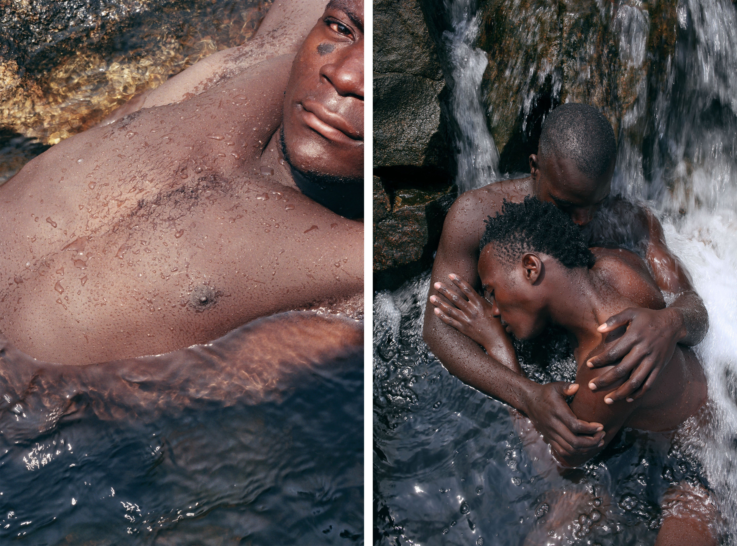 A man lying in the water stares at the camera, and two people embrace in the water