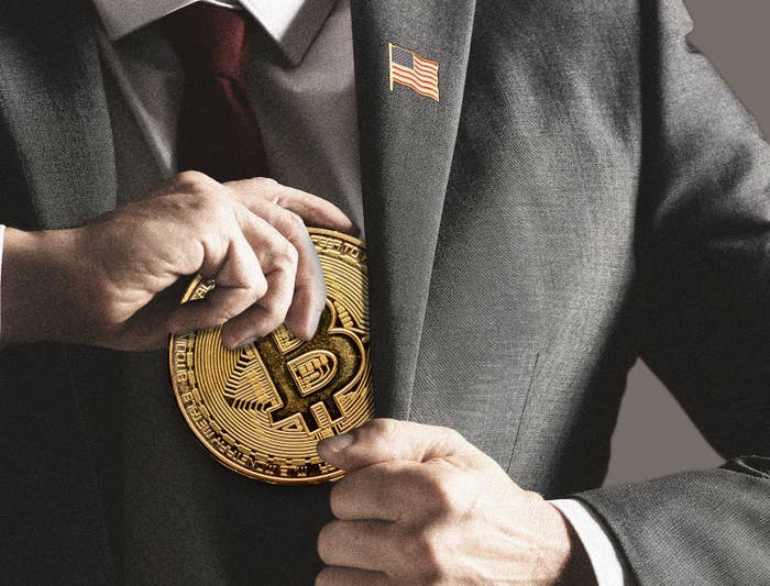 A photo illustration of a male politician putting an oversize bitcoin in the inner pocket of his suit jacket