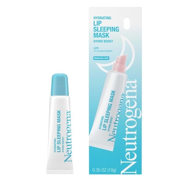A blue and white tube of lip mask and blue and white packaging