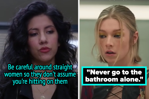 Rosa from Brooklyn 99 and the words "be careful around straight women so they don't assume you're hitting on them" and Jules from Euphoria and the words "Never go to the bathroom alone"