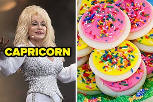 On the left, Dolly Parton labeled Capricorn, and on the right, some frosted sugar cookies with sprinkles