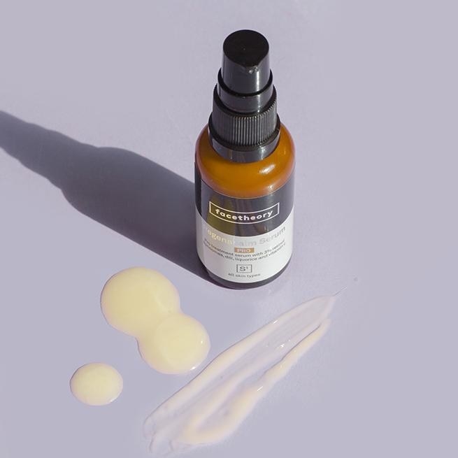 a bottle of Regenacalm Serum S1 Pro and drops of the serum