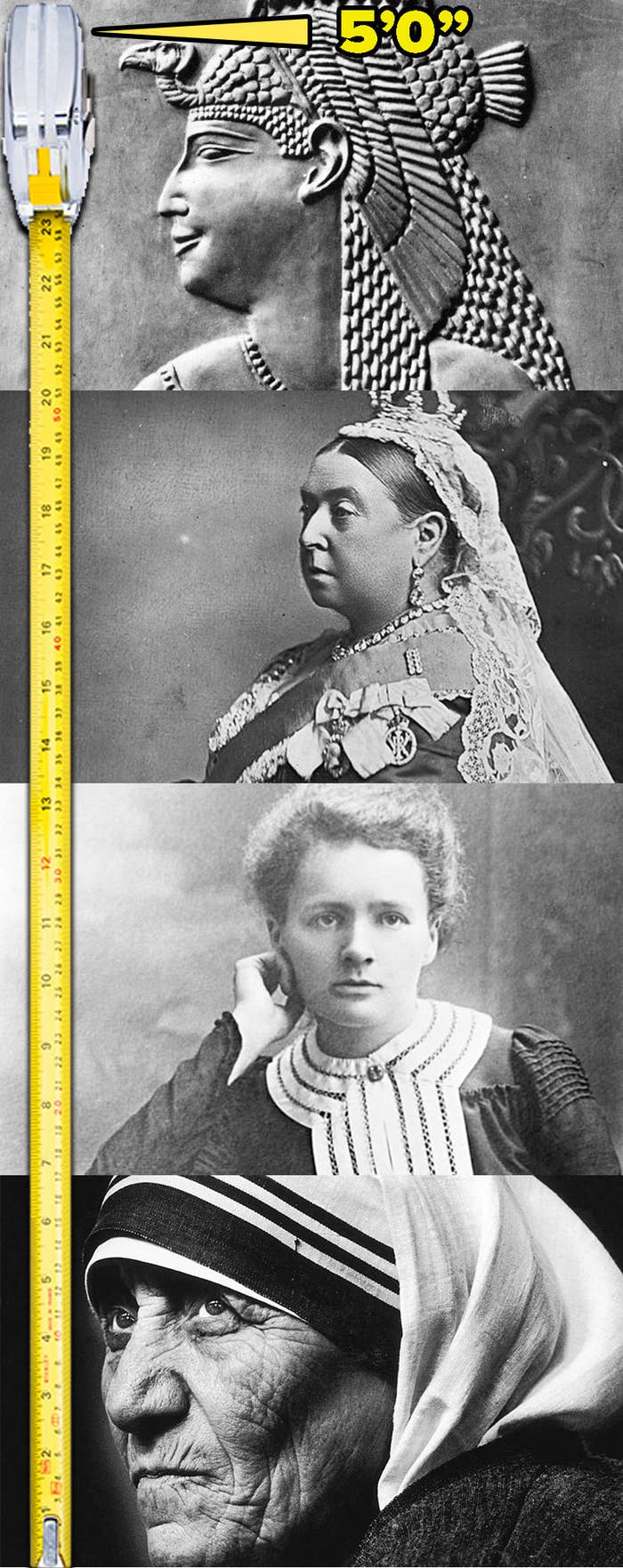 Stacked images of Cleopatra, Queen Victoria, Marie Curie, and Mother Theresa next to a measuring tape