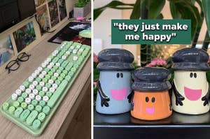 a colorful green keyboard / a family of salt and pepper shakers