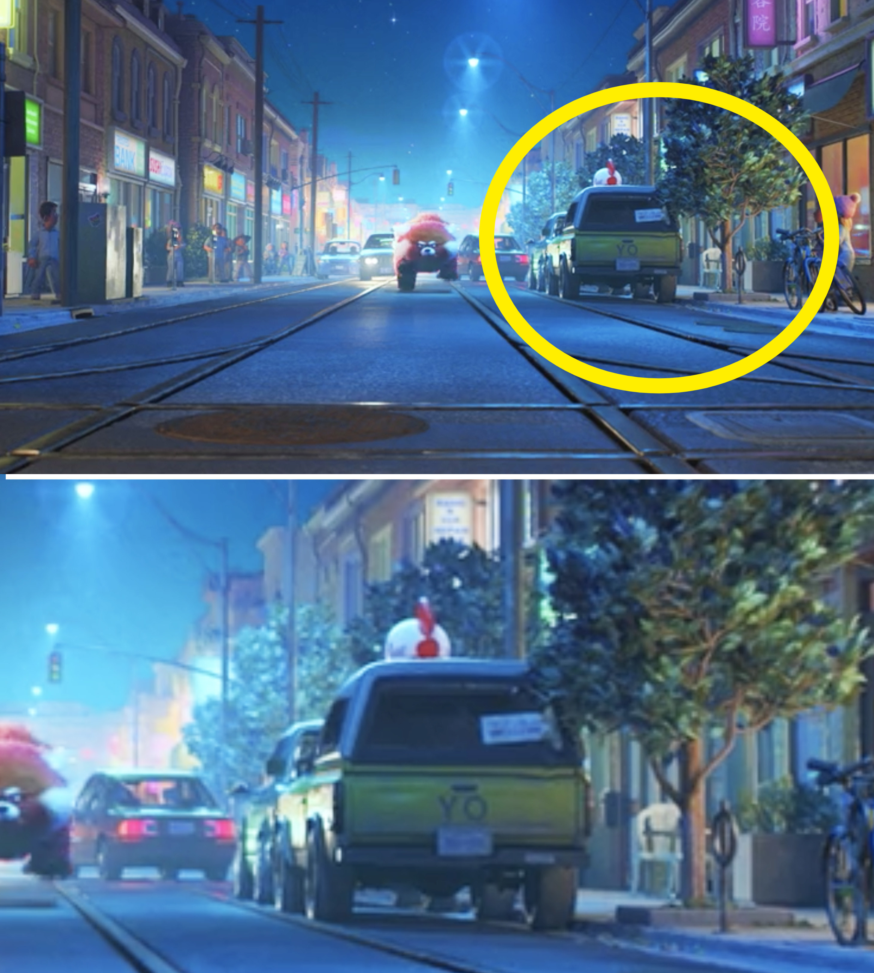 A Pizza Planet truck parked on the side of a road when Mei runs by