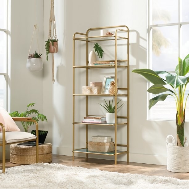 the bookcase in gold with five glass shelves