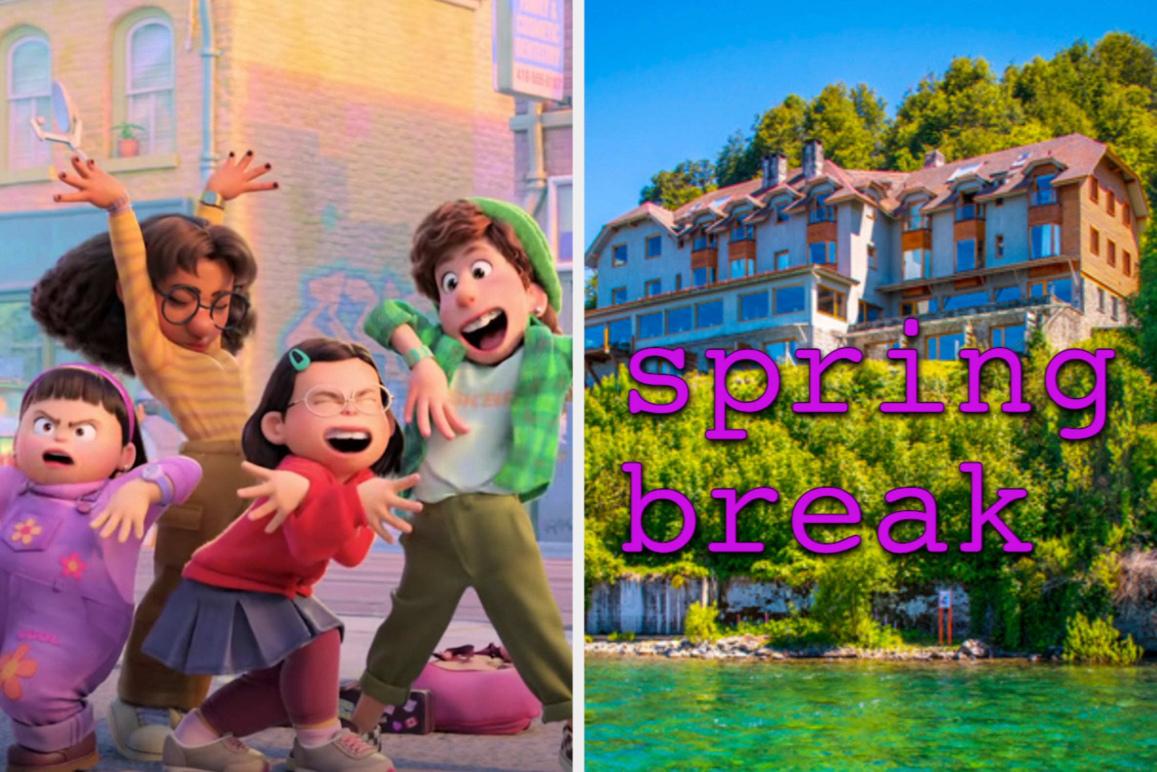 The "Turning Red" characters are on the left with a view of a beach house on the right labeled, "spring break"