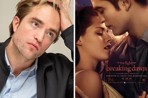 Robert Pattinson is on the left with a Twilight poster on the right