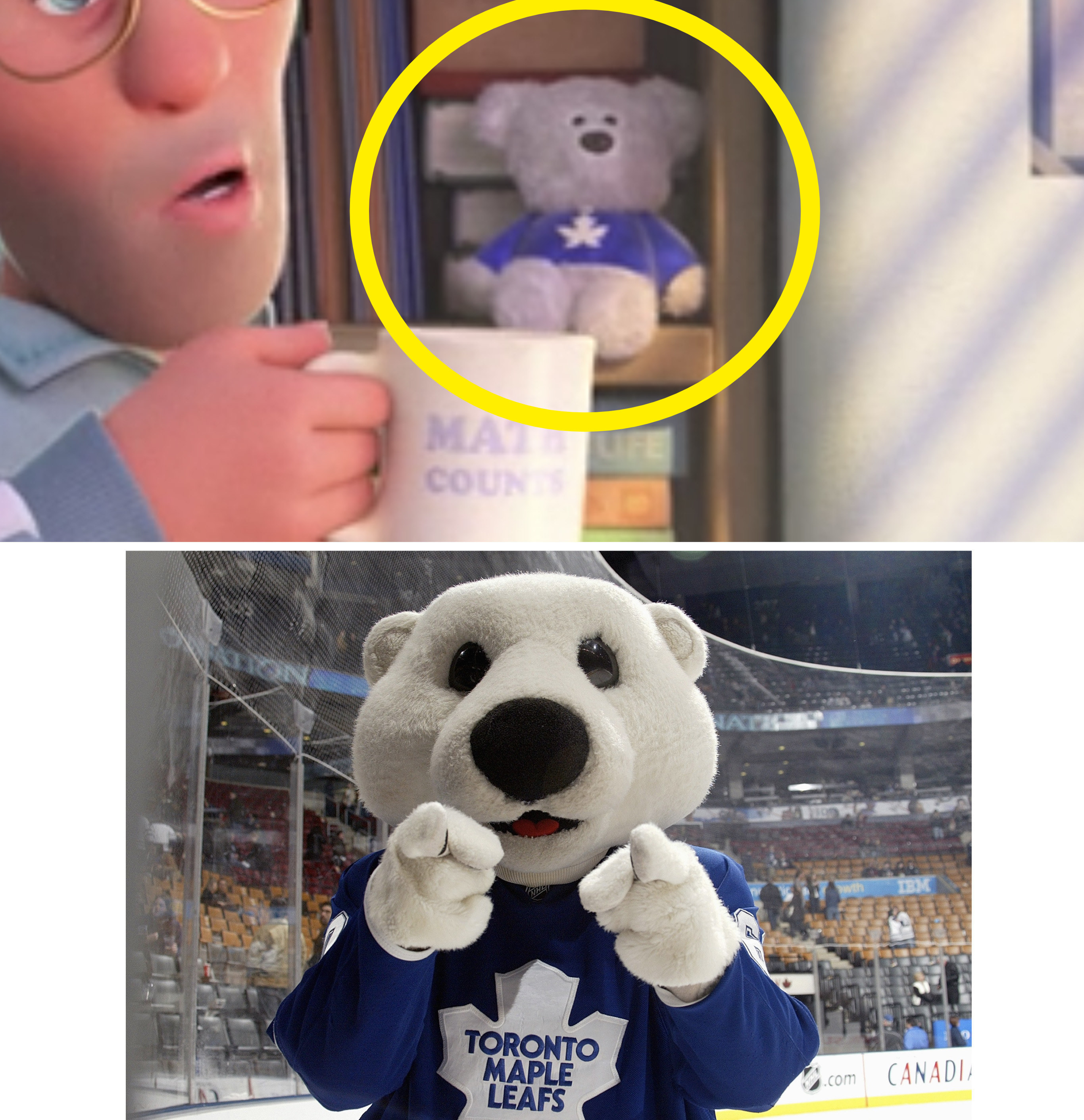 A stuffed animal bear wearing a blue hockey jersey