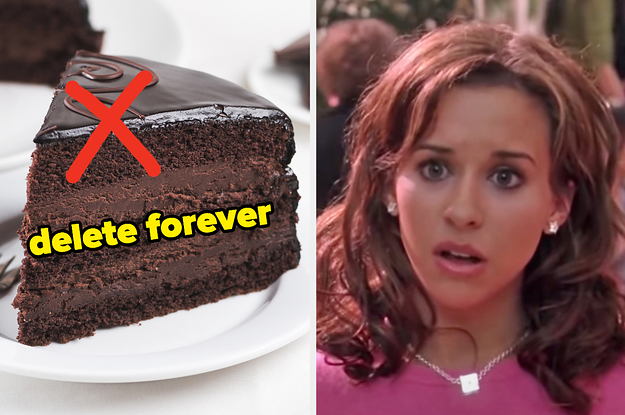 On the left, a slice of chocolate cake with an x drawn over it labeled delete forever, and on the right, Gretchen from Mean Girls furrowing her brows in concern