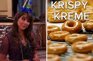 A "Victorious" character is on the left with Krispy Kreme donuts on the right
