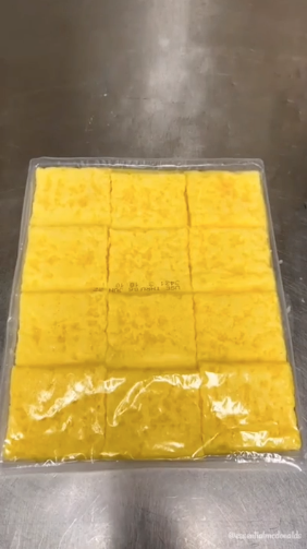 Pre-cooked eggs, folded into squares in an air-tight package