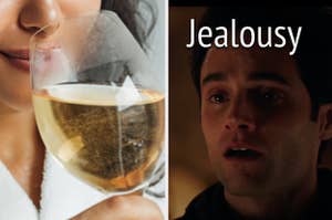 A woman is drinking wine on the left with Joe Goldberg on the right labeled, "Jealousy"