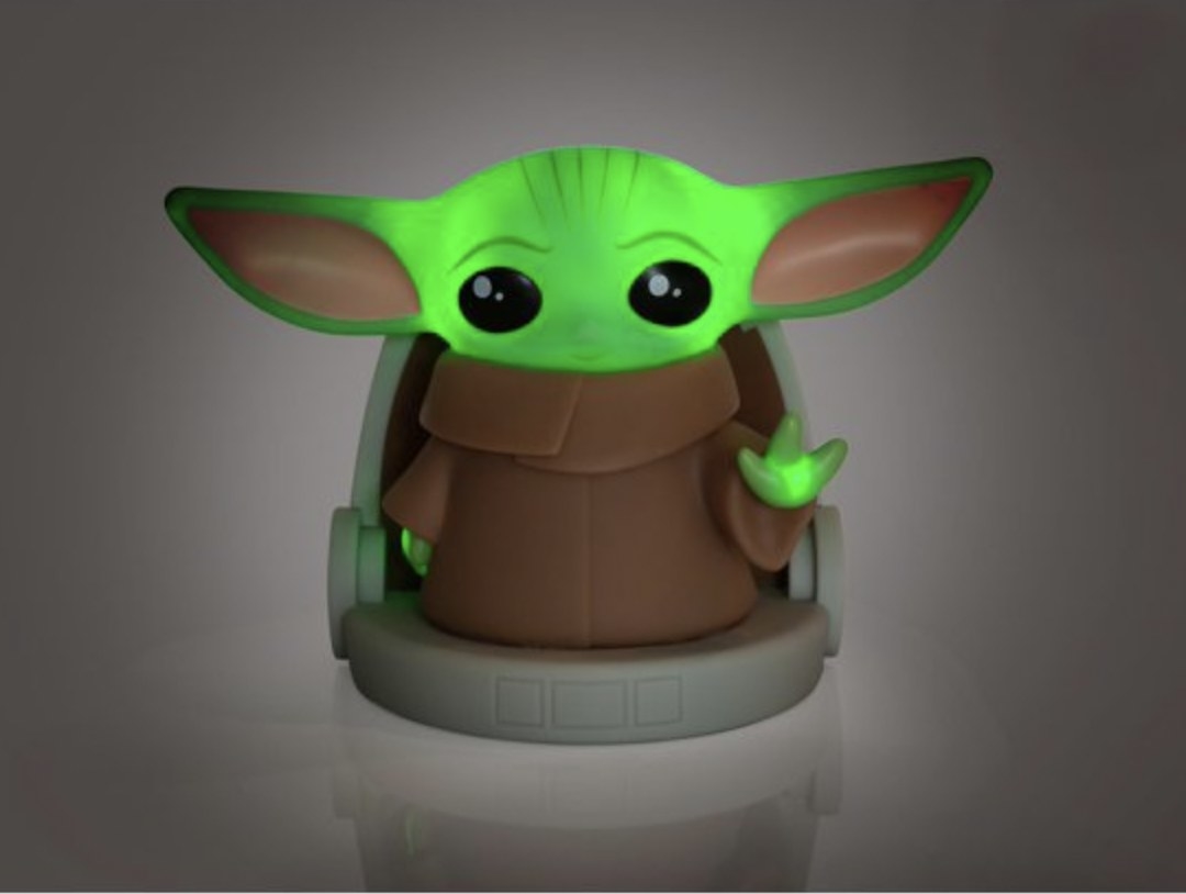 The Baby Yoda night light lit up in the dark