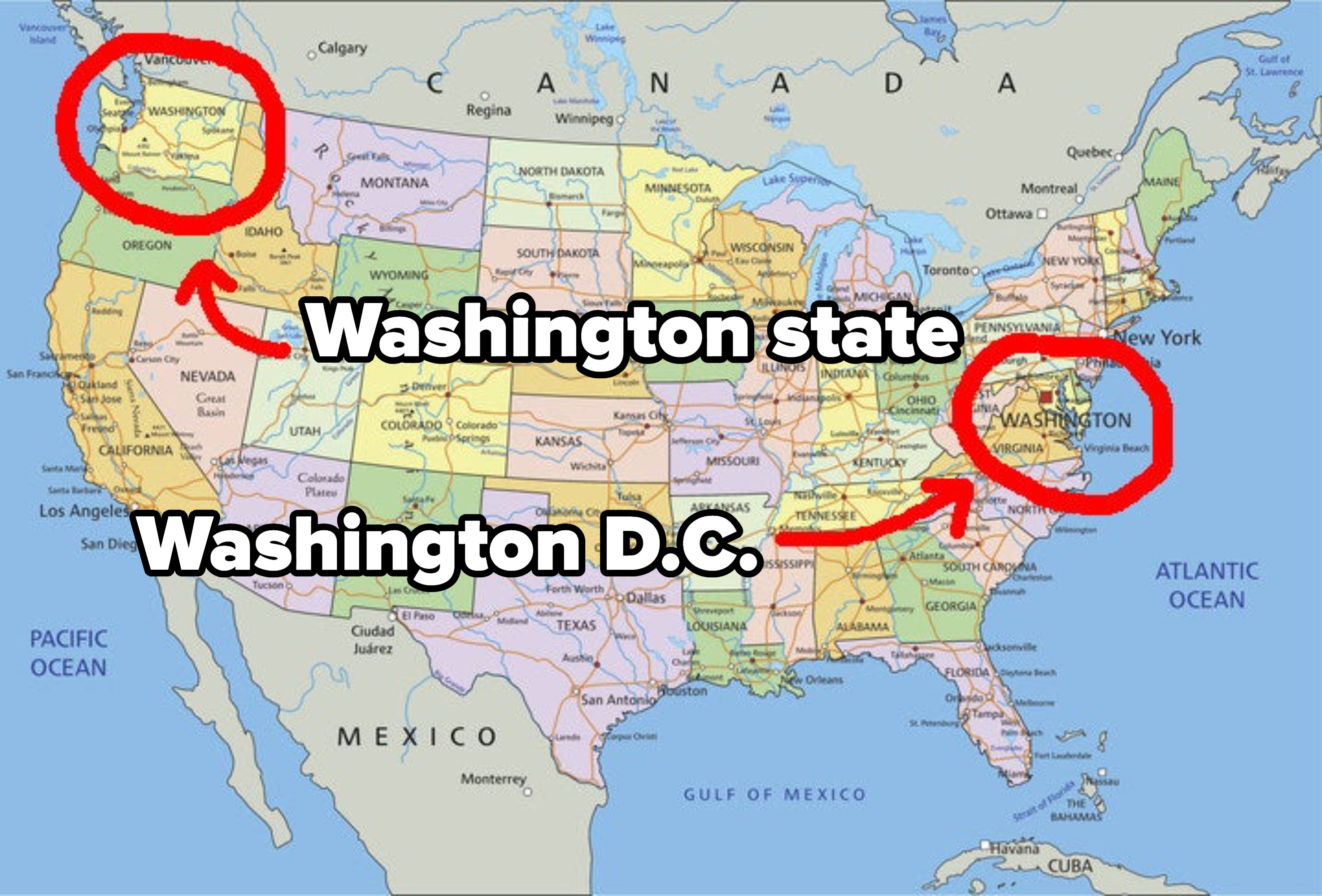 Washington State — on the west — and Washington DC — on the east — on a map