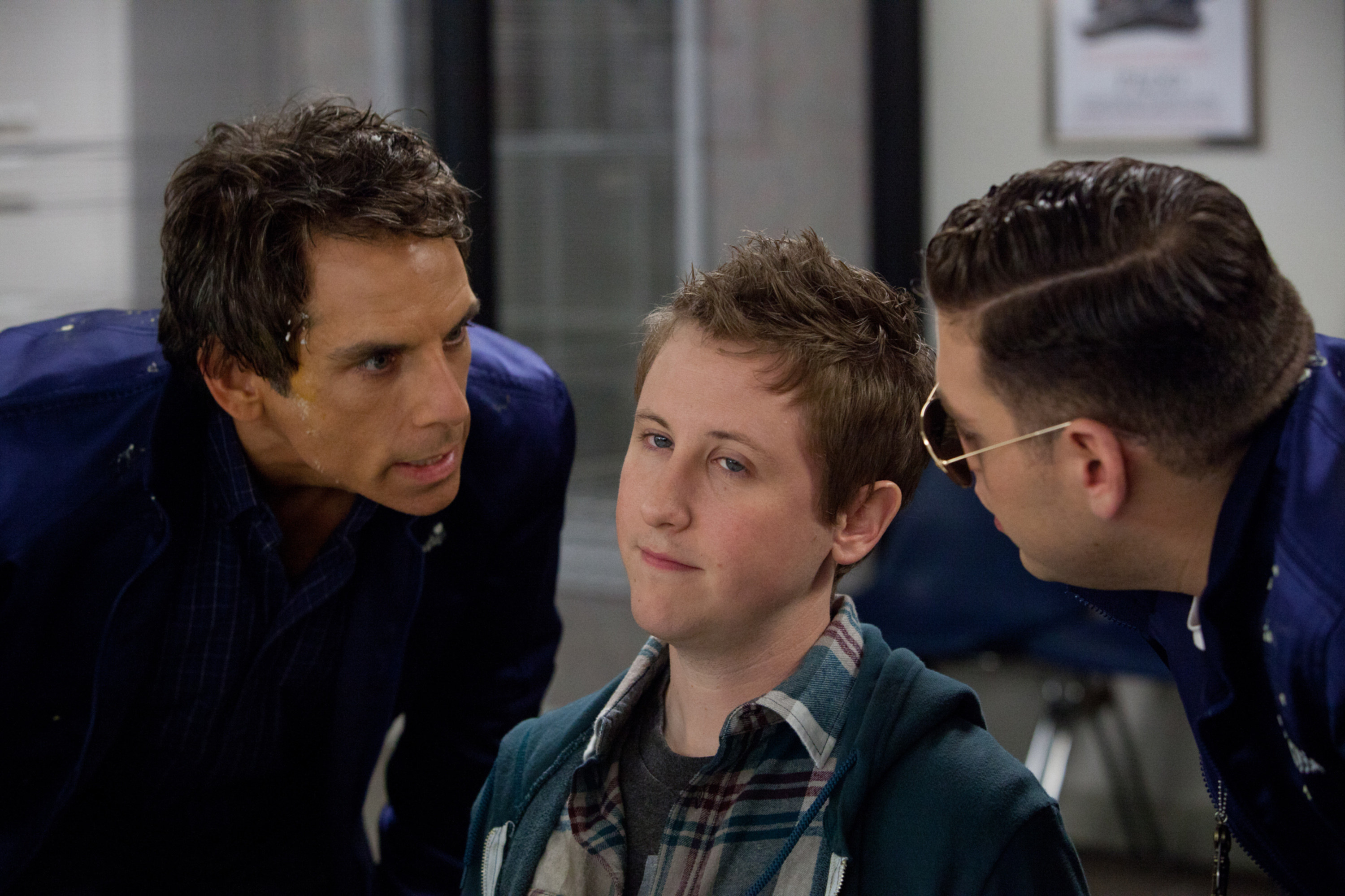Ben Stiller and Jonah Hill starring down Johnny Pemberton in &quot;The Watch&quot;