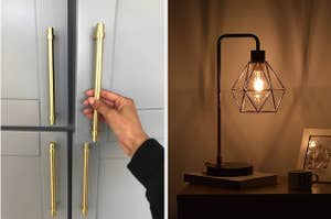 new gold cabinet pulls on the left and light fixture on the right