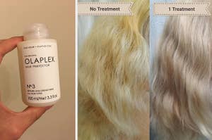 reviewer holding olaplex on the left with a before or after shot