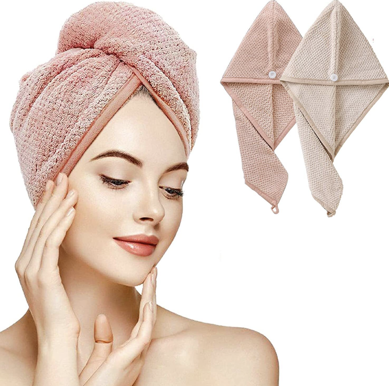 Someone wearing the hair wrap with two towels superimposed