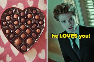 On the left, a heart-shaped box of chocolates, and on the right, Edward Cullen from Twilight labeled he loves you