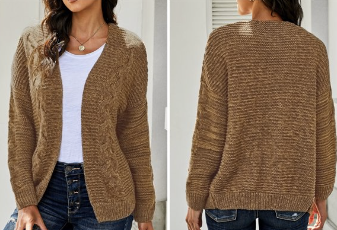 model showing front and back of cardigan in brown