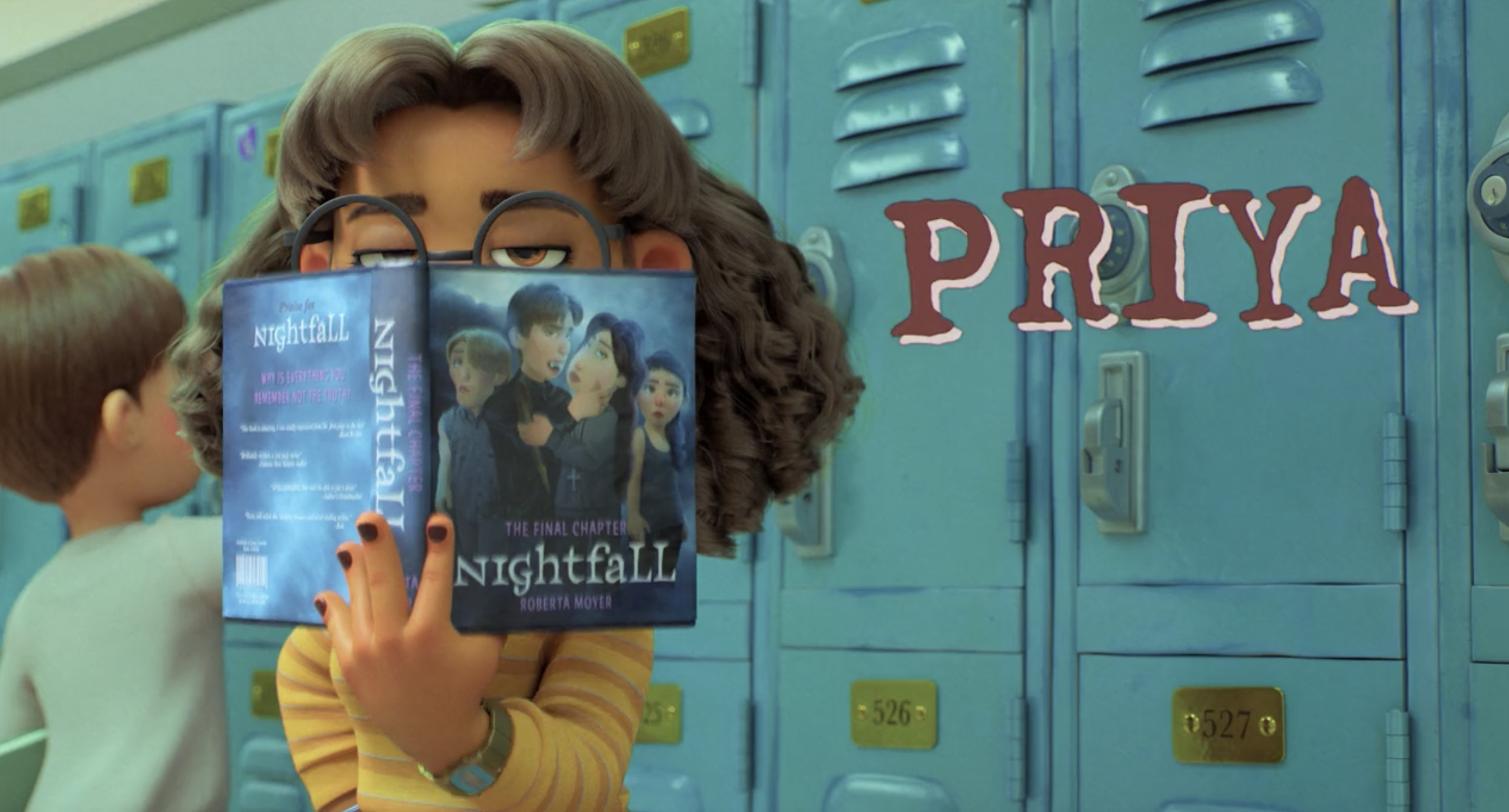 Priya standing in front of a row of lockers and peering above the book she&#x27;s holding, &quot;Nightfall&quot;