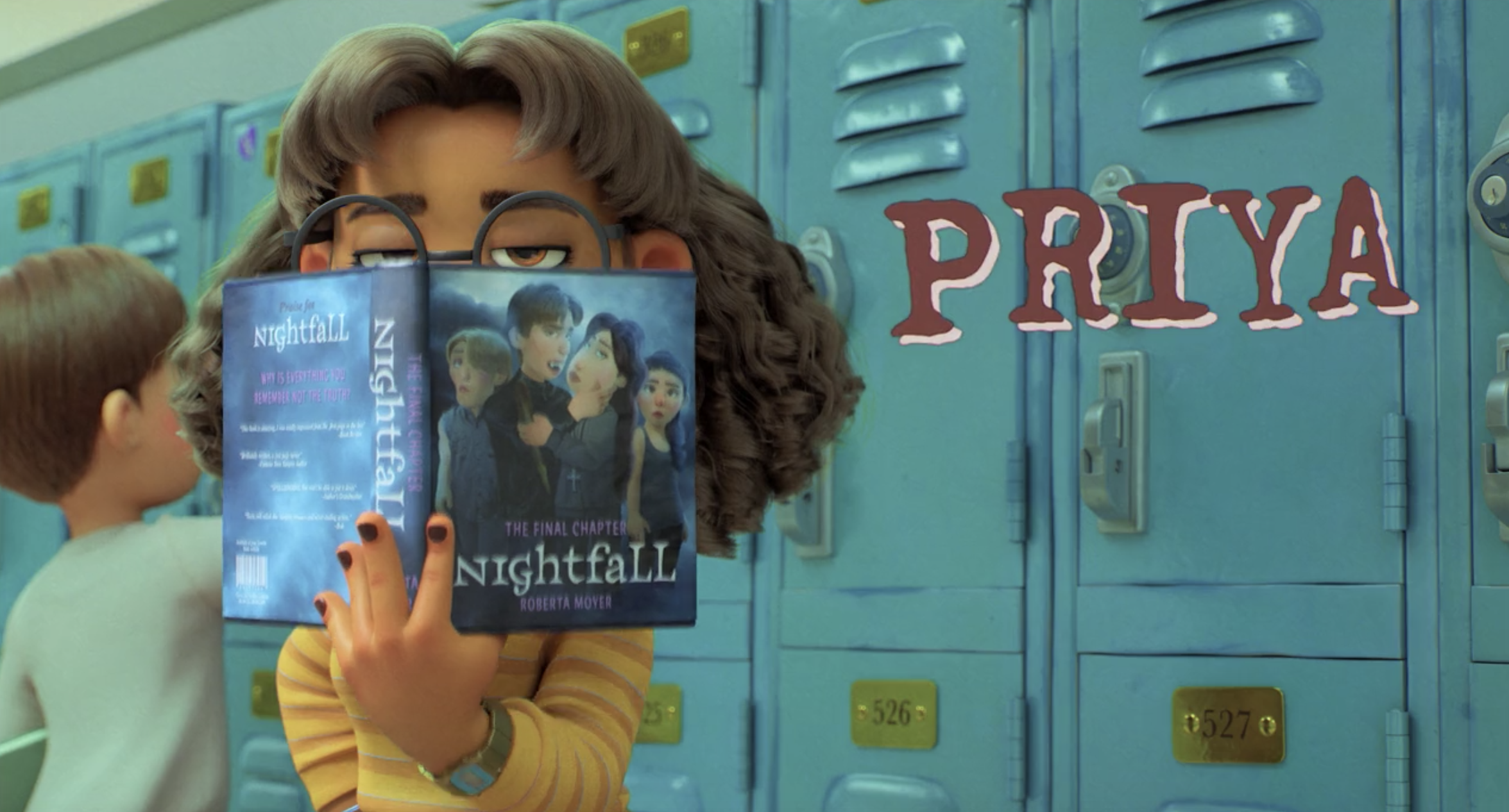 Priya standing in front of a row of lockers and peering above the book she's holding, "Nightfall"