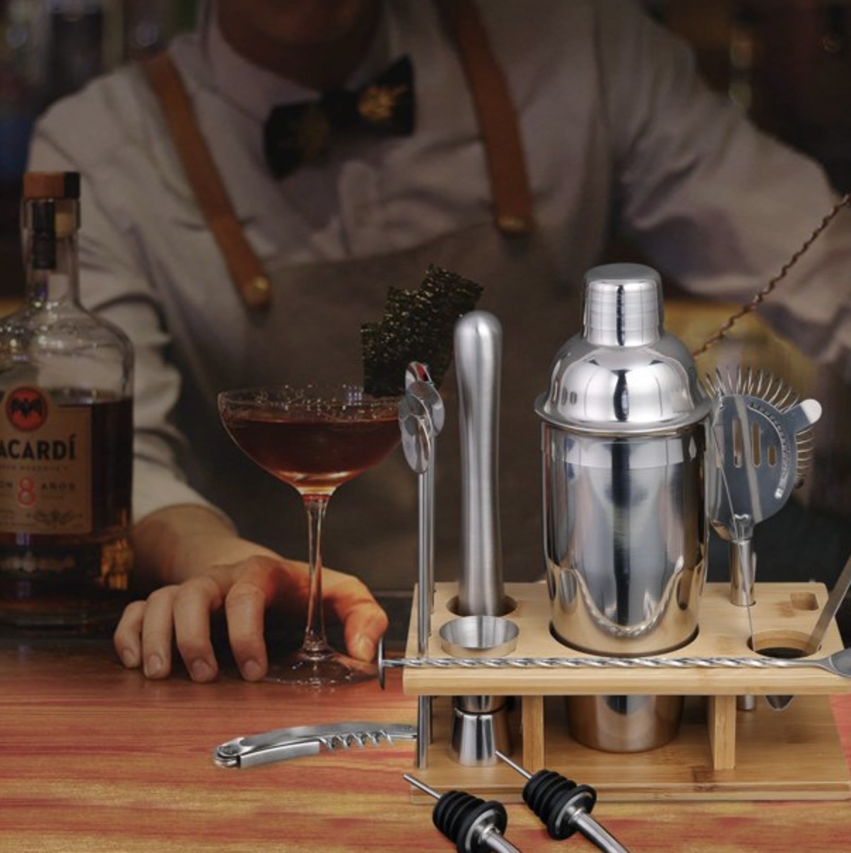 The cocktail kit being used to mix a drink