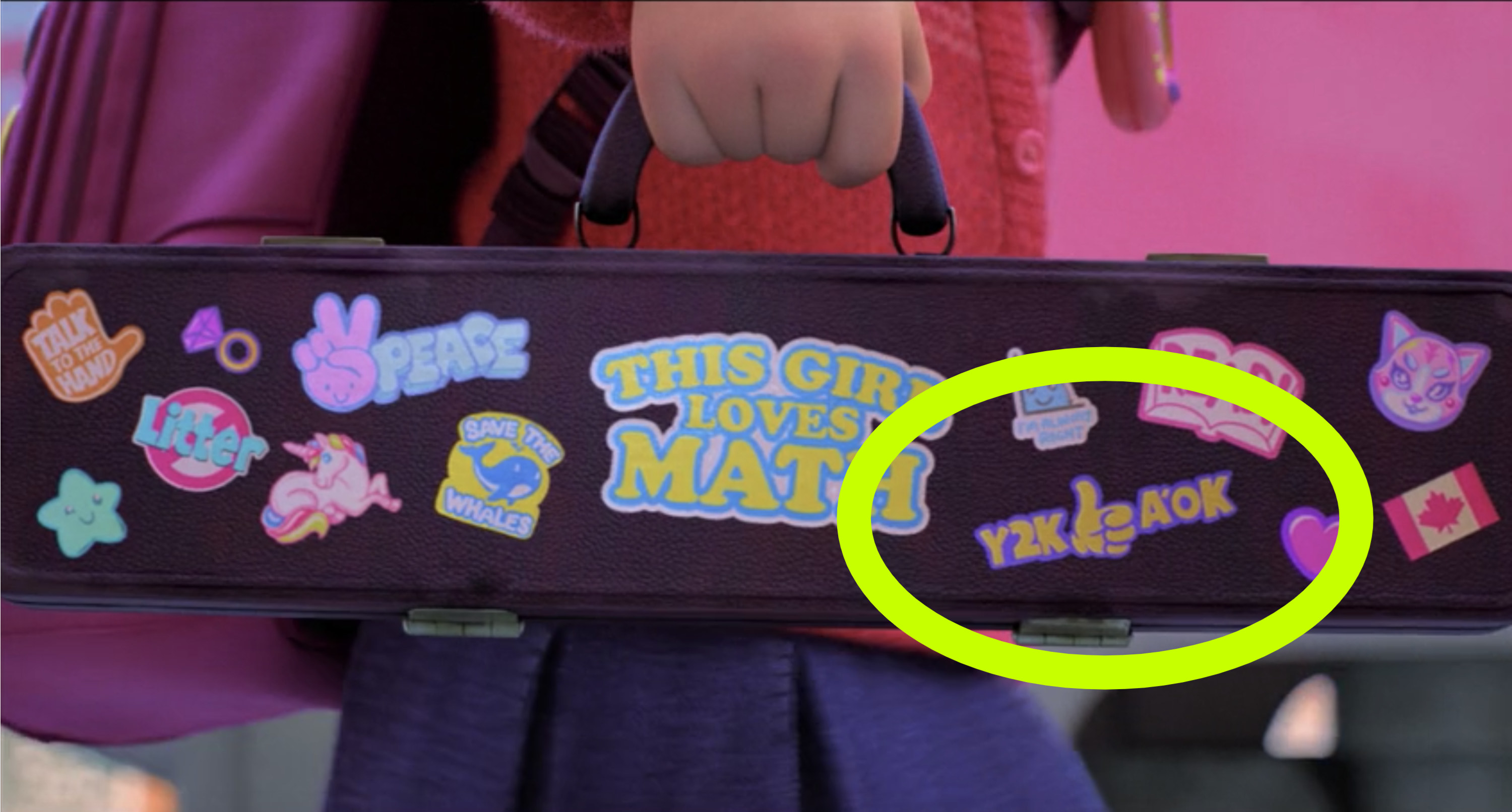 Mei&#x27;s flute case with a sticker that says &quot;Y2K A&#x27;OK&quot; circled