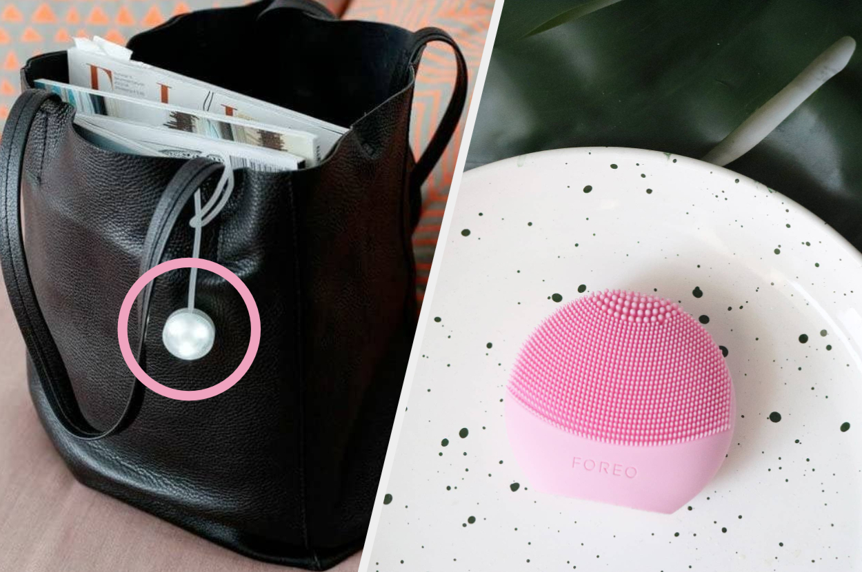 A small light hanging from a string attached to a bag strap, A small electronic silicone face brush on a plate