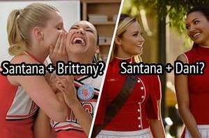 Brittany Pierce whispers into Santana Lopez's ear and Dani walks side by side with Santana Lopez