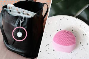 A small light hanging from a string attached to a bag strap, A small electronic silicone face brush on a plate