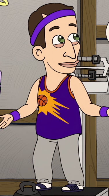 Doug is wearing a basketball jersey and sweatpants