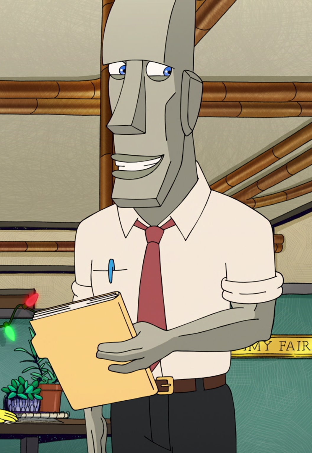 Pete is an anthropomorphic rock wearing a dress shirt, tie, and slacks