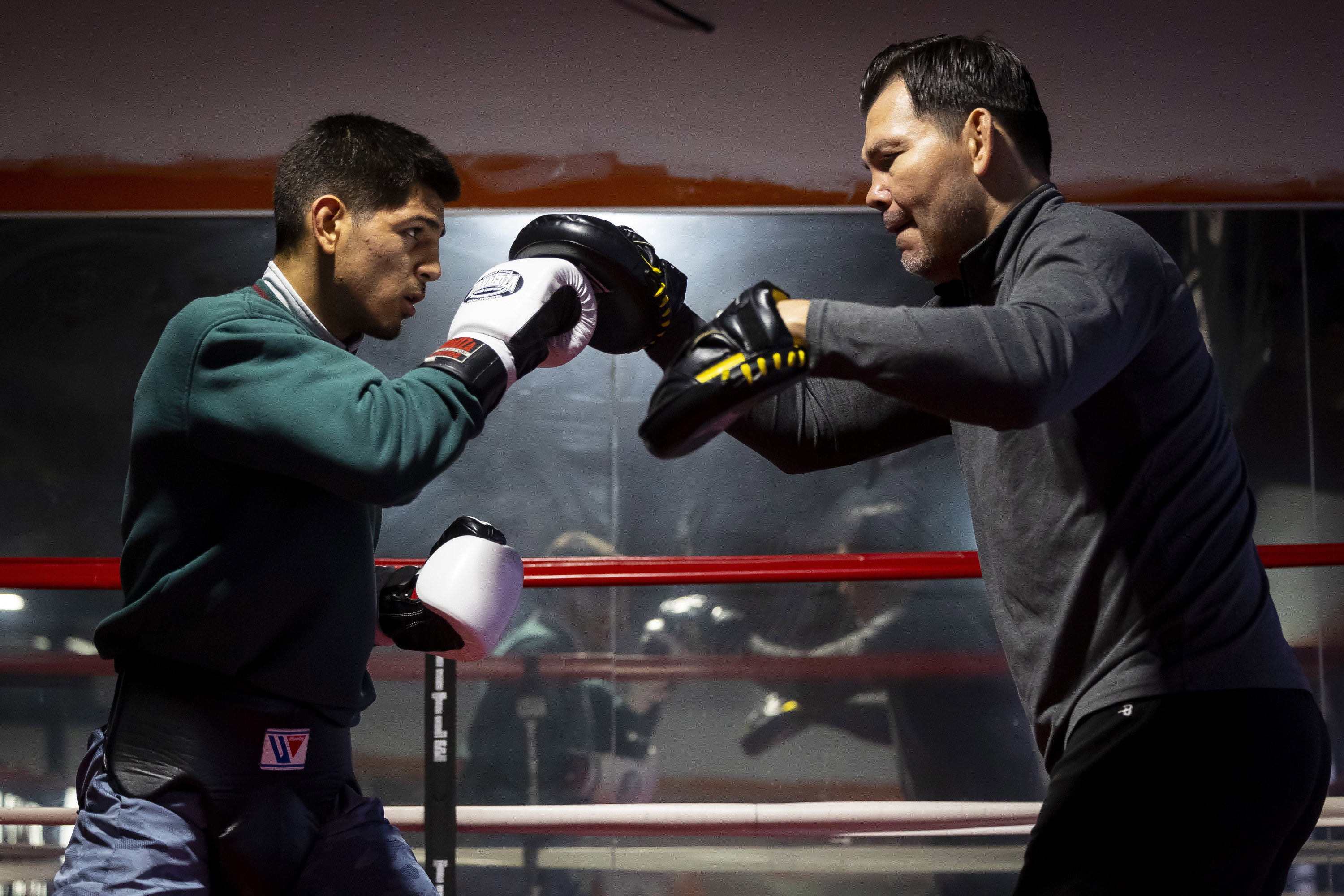 Giovanni Marquez training in the ring with his father, the former boxing world champion Raul Marquez, at the family’s gym in Humble, Texas