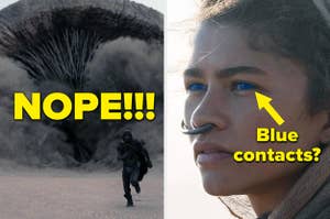 A person running from a sandworm, and a close up of Zendaya with blue eyes