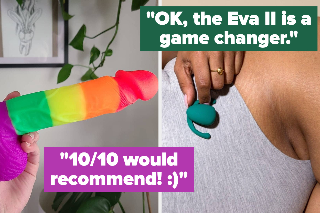 Reviewer holding rainbow dildo and model holding green couple's vibrator