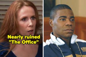 Catherine Tate and the words "nearly ruined The Office" and Tracy Morgan in 30 Rock