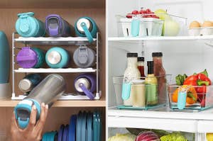 Water bottles placed in organizer, various food items placed in refrigerator bins