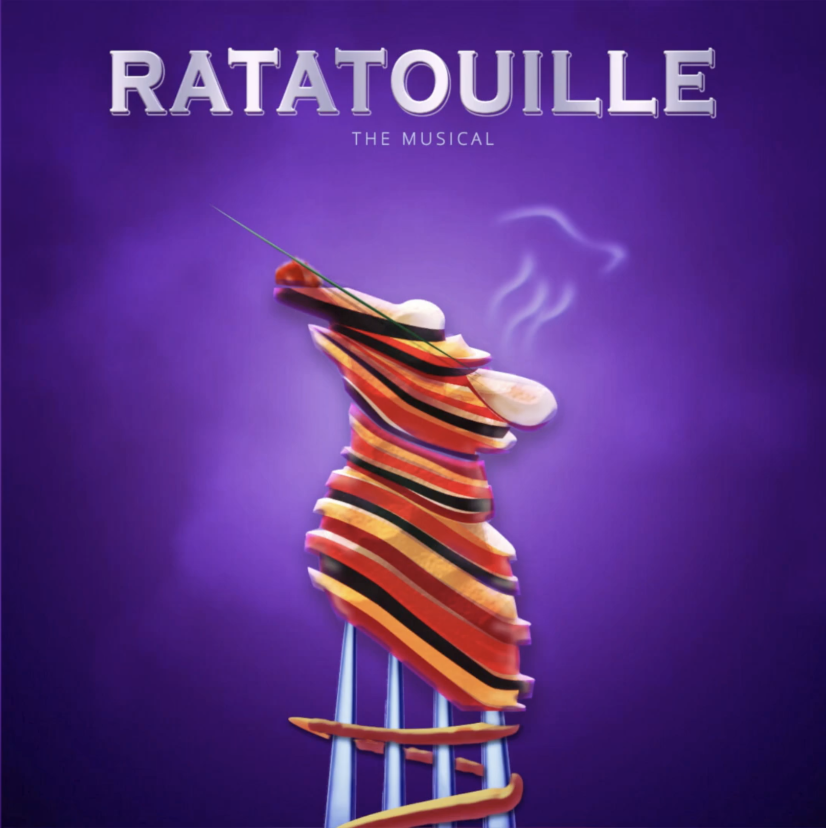 A poster that reads &quot;Ratatouille The Musical&quot; with vegetable slices on a fork in the shape of a rat